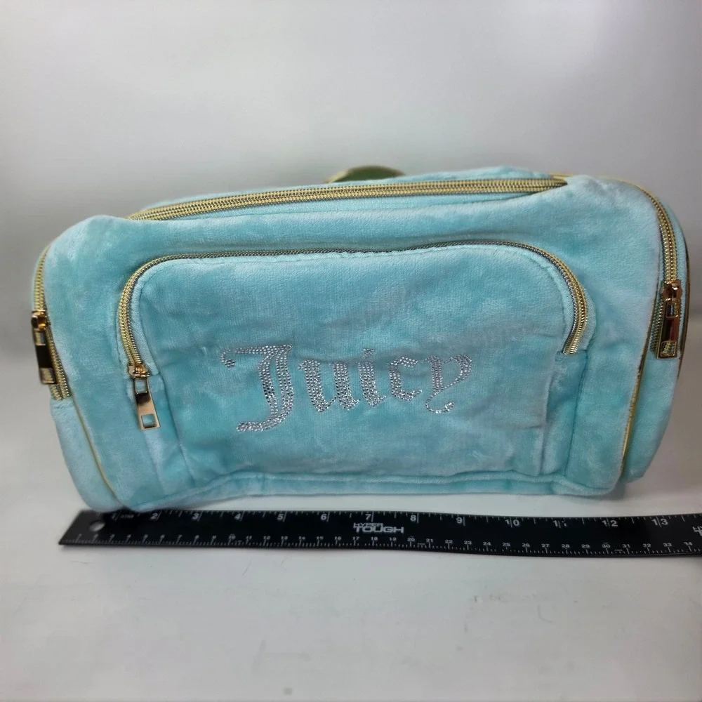Juicy Couture Velour Cosmetic Bag Turquoise Blue Rhinestone XL Train Case Travel